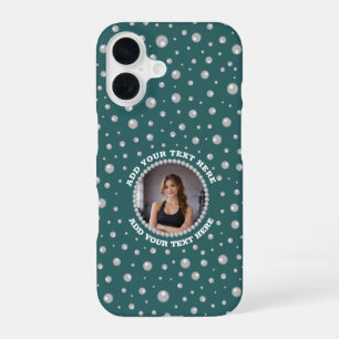 Personalised Photo with Pearls Circle on Teal iPhone 16 Case