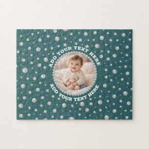 Personalised Photo with Pearls Circle on Teal Jigsaw Puzzle