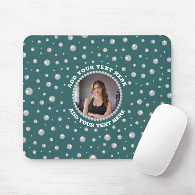 Personalised Photo with Pearls Circle on Teal Mouse Mat (With Mouse)