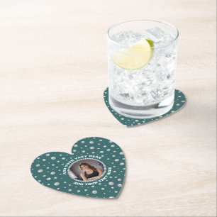 Personalised Photo with Pearls Circle on Teal Paper Coaster
