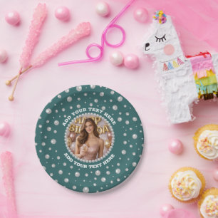 Personalised Photo with Pearls Circle on Teal Paper Plate