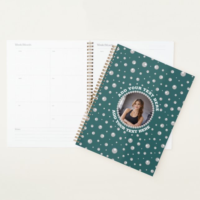 Personalised Photo with Pearls Circle on Teal Planner (Display)