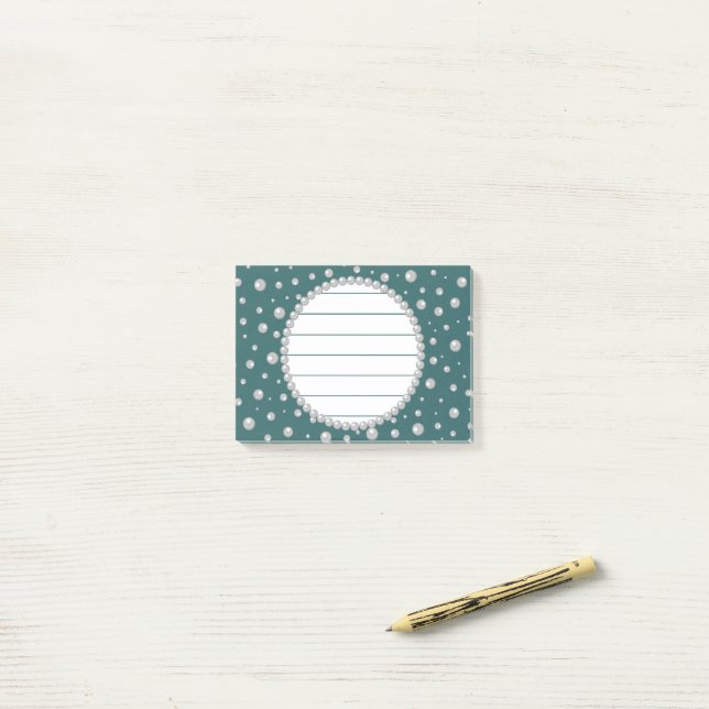 Personalised Photo with Pearls Circle on Teal Post-it Notes (On Desk)