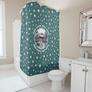 Personalised Photo with Pearls Circle on Teal Shower Curtain