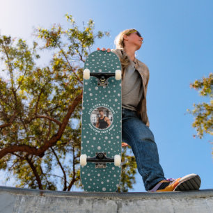 Personalised Photo with Pearls Circle on Teal Skateboard