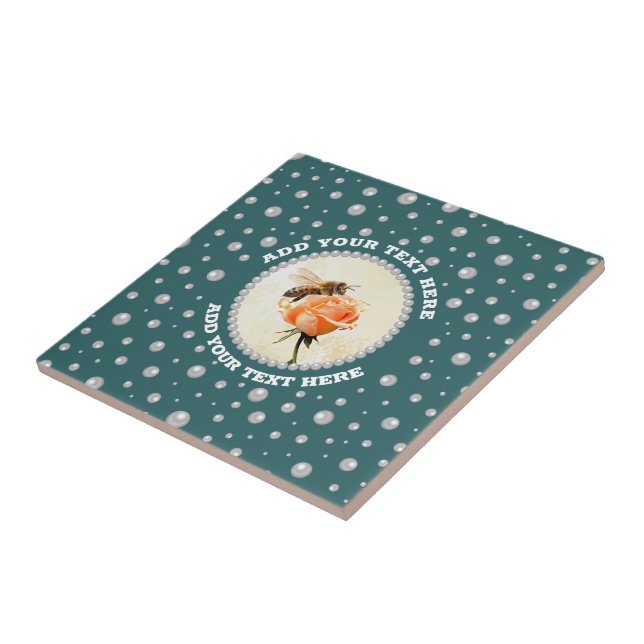 Personalised Photo with Pearls Circle on Teal Tile (Side)
