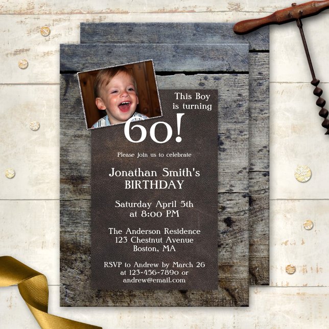 Personalised Photo Wood Birthday Party Invitation (Birthday party invitation featuring your photo on weathered wood and dark brown leather)