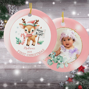 Personalised Photo Woodland Deer Christmas    Ceramic Tree Decoration