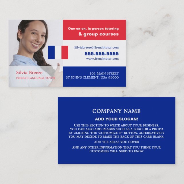 Personalised Photograph, French Language Tutor Business Card (Front/Back)