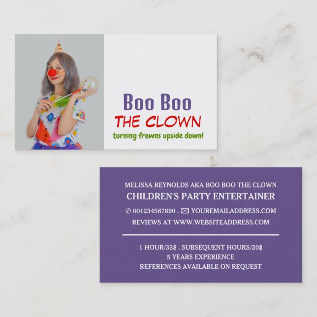 Personalised Photograph, Kids Entertainer, Clown Business Card (Front/Back)
