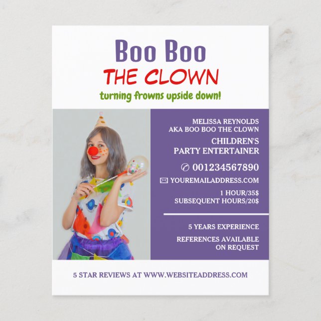Personalised Photograph, Kids Entertainer, Clown Flyer (Front)