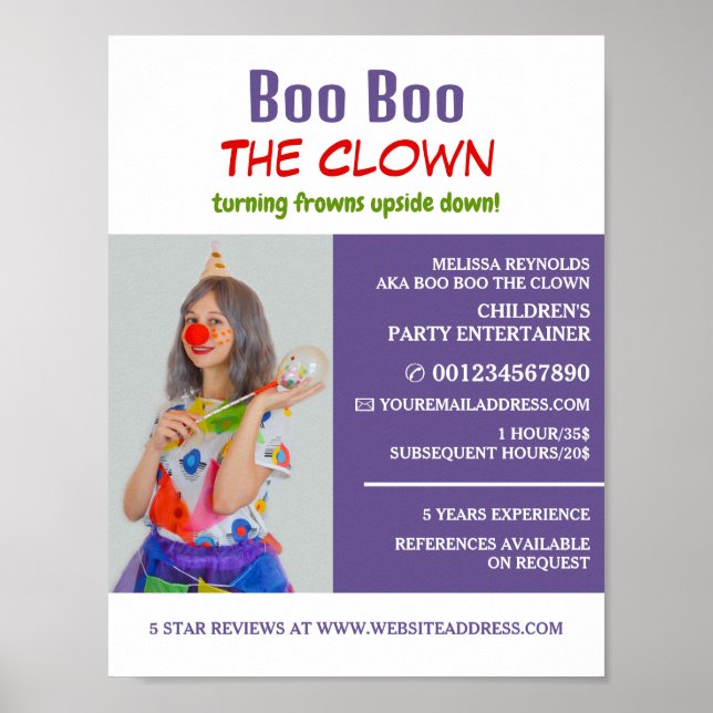 Personalised Photograph, Kids Entertainer, Clown Poster (Front)