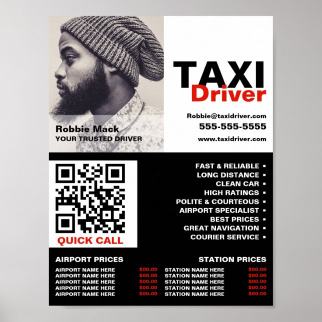 Personalised Photograph, Taxi Driver - Price List Poster (Front)
