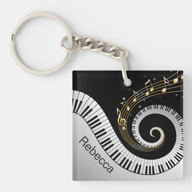Personalised Piano Keys and Gold Music Notes Key Ring (Front)