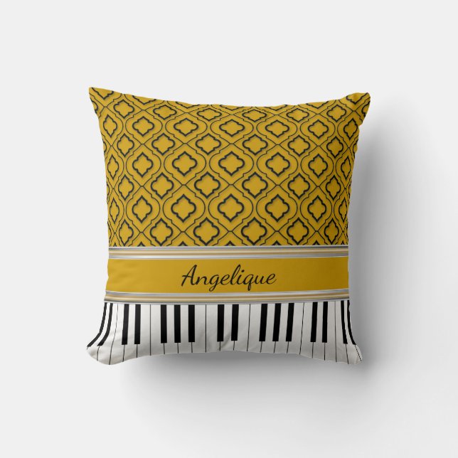 Personalised Piano Keys Black Quatrefoil on Gold Cushion (Front)