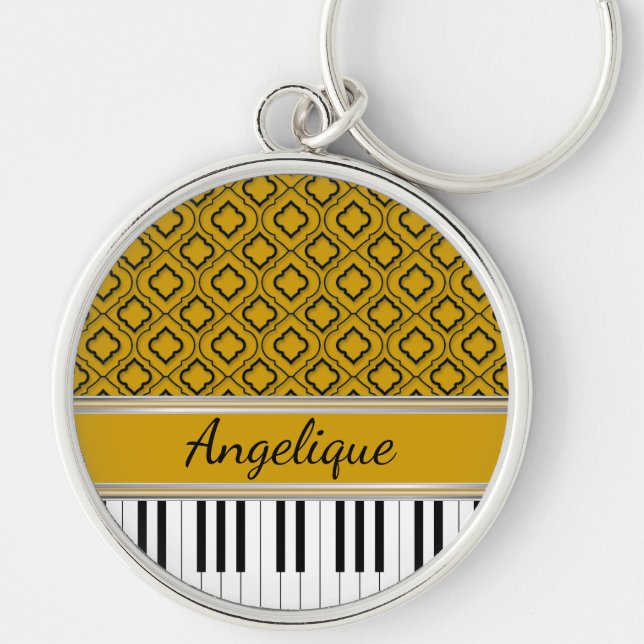 Personalised Piano Keys Black Quatrefoil on Gold Key Ring (Front)