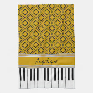 Personalised Piano Keys Black Quatrefoil on Gold Tea Towel