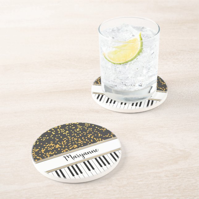 Personalised Piano Keys Gold Polka Dots Pattern Coaster (Side)