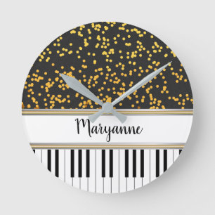 Personalised Piano Keys Gold Polka Dots Pattern Round Clock
