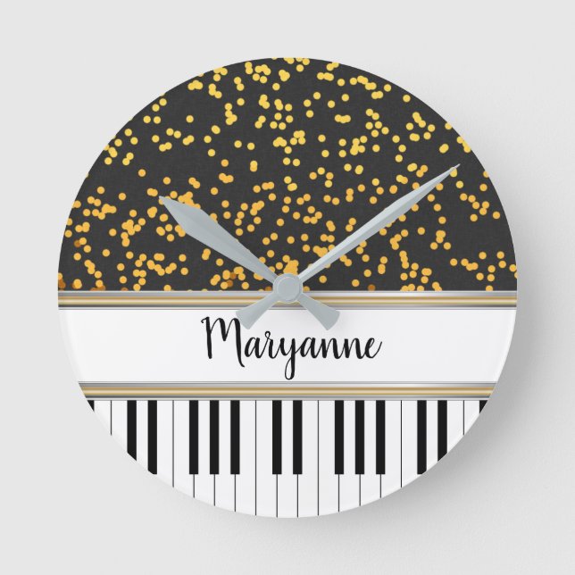 Personalised Piano Keys Gold Polka Dots Pattern Round Clock (Front)