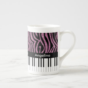 Personalised Piano Keys Pink Glitter Zebra Print Bone China Mug
