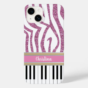 Personalised Piano Keys Pink Glitter Zebra Print Case-Mate iPhone 14 Case