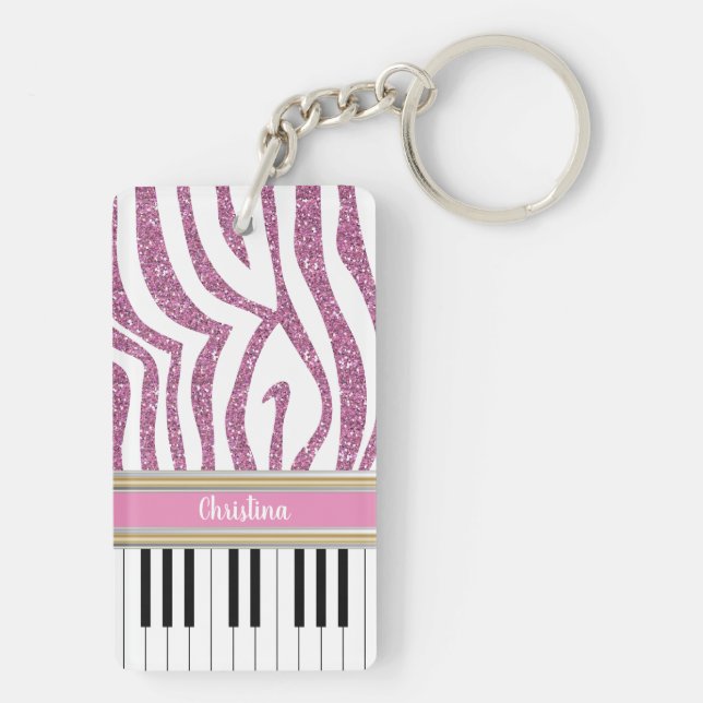 Personalised Piano Keys Pink Glitter Zebra Print Key Ring (Back)