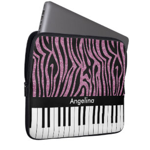 Personalised Piano Keys Pink Glitter Zebra Print Laptop Sleeve