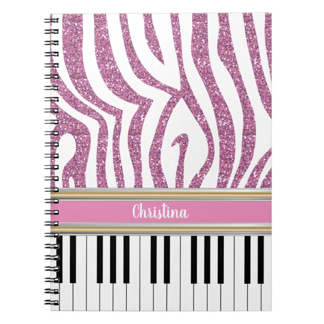 Personalised Piano Keys Pink Glitter Zebra Print Notebook (Front)
