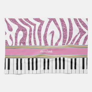 Personalised Piano Keys Pink Glitter Zebra Print Tea Towel