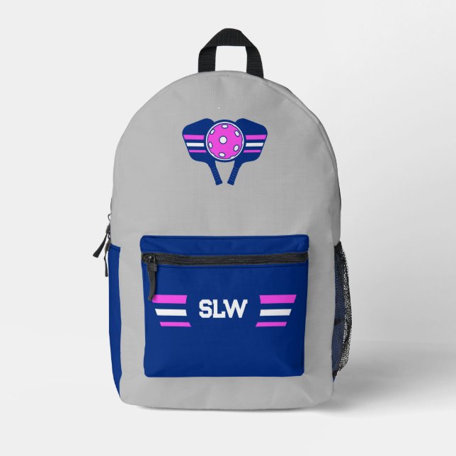 Personalised Pickleball Blue and Hot Pink Printed Backpack (Front)