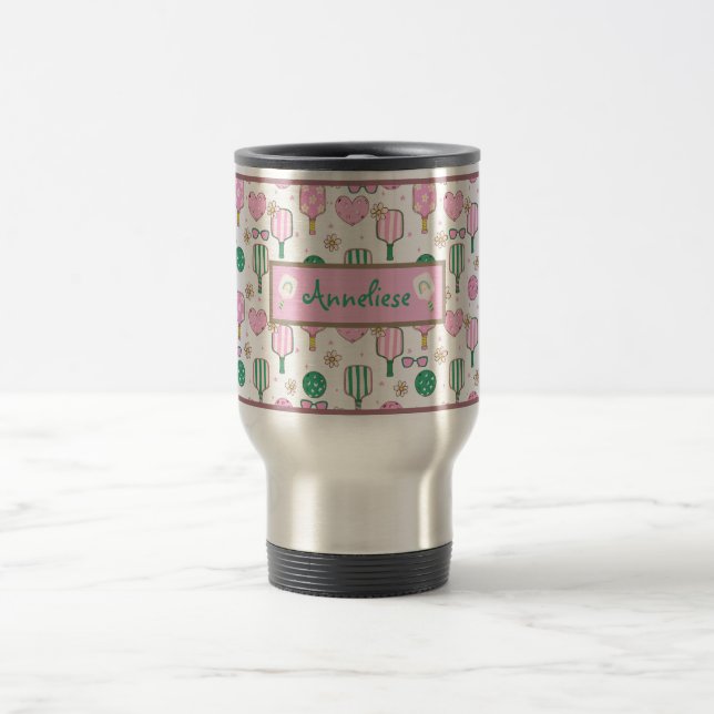 Personalised Pickleball Pink and Green Pattern Travel Mug (Center)