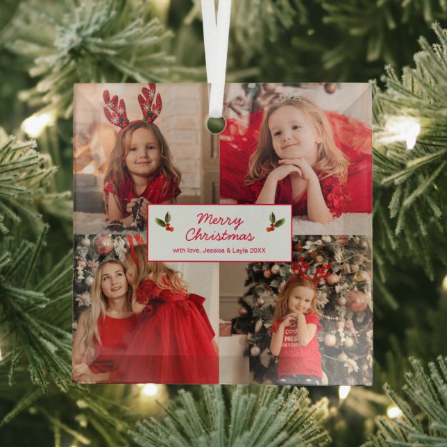 Personalised Picture Collage Photo Christmas Glass Tree Decoration (Insitu)