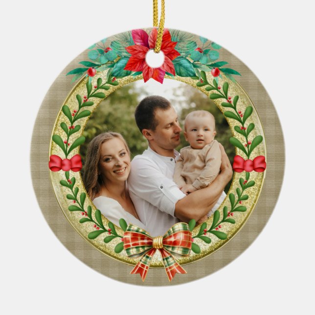 Personalised Picture Frame and Christmas Wreath  Ceramic Tree Decoration (Front)