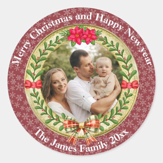 Personalised Picture Frame and Christmas Wreath  Classic Round Sticker (Front)