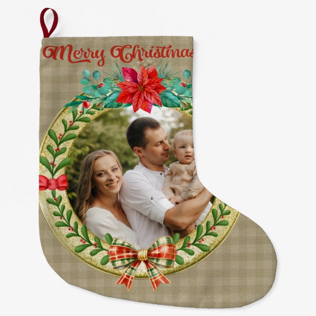 Personalised Picture Frame and Christmas Wreath  Large Christmas Stocking (Front)