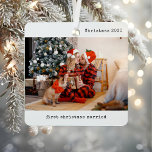 Personalised Picture Our First Christmas Married Metal Tree Decoration<br><div class="desc">Celebrate your first holiday season as a married couple with the Personalised Picture Our First Christmas Married Metal Ornament. This beautifully designed keepsake features your favourite couple photo, making it a heartfelt way to honour your newlywed status. The sleek, minimalist black and white design, paired with simple typewriter typography, gives...</div>