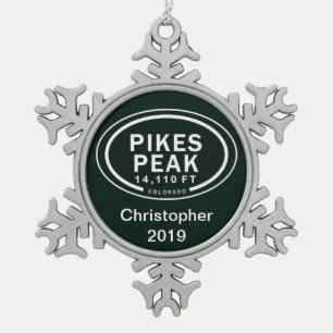 Personalised Pikes Peak Colorado Springs Mountain Snowflake Pewter Christmas Ornament