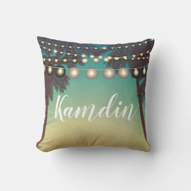 Personalised Pillow Beach Sunset Palm Tree String (Front)