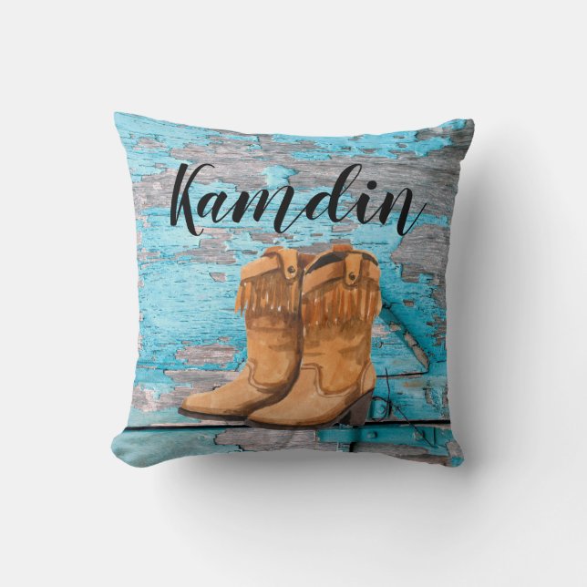 Personalised Pillow Blue Wood Barn Door Boots Coun (Front)