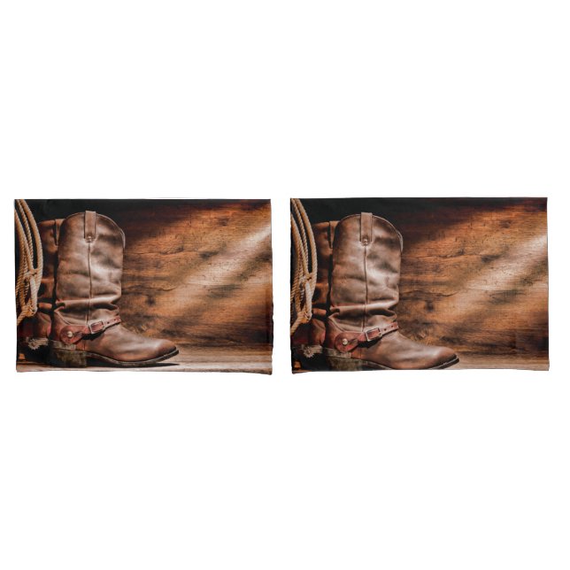 Personalised Pillow Cases Cowboy Boots Barn Wood R (Front-Set)