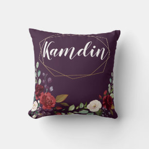Personalised Pillow Plum Purple Roses Gold Geometr