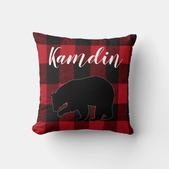 Personalised Pillow Red Buffalo Plaid Bear Black (Front)