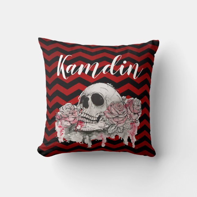 Personalised Pillow skull Rose Gothic Chevron red (Front)