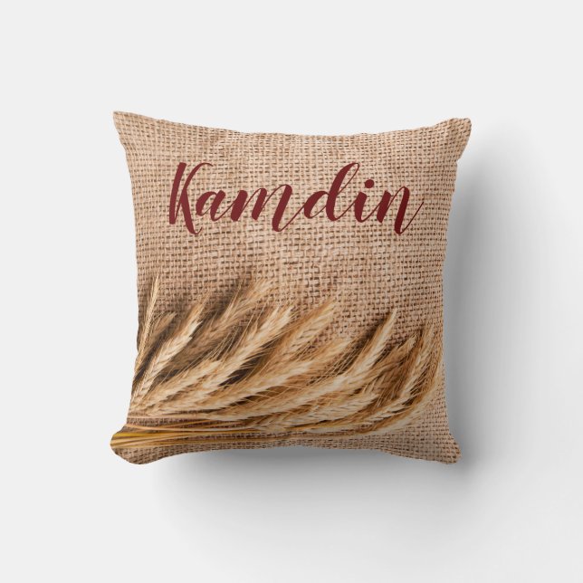 Personalised Pillow Wheat on Burlap Sack Country R (Front)