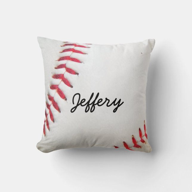 Personalised Pillow White Baseball red stitching (Front)