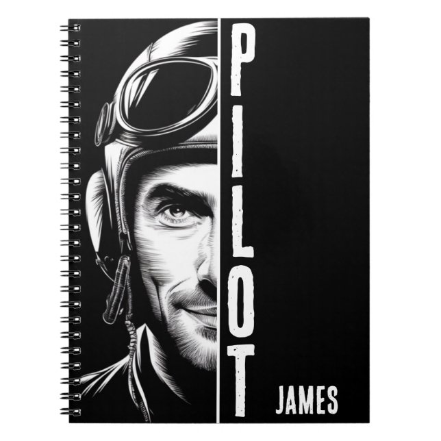 Personalised, Pilot Face, Comic, Black and White Notebook (Front)