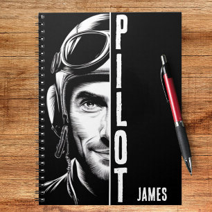 Personalised, Pilot Face, Comic, Black and White Notebook