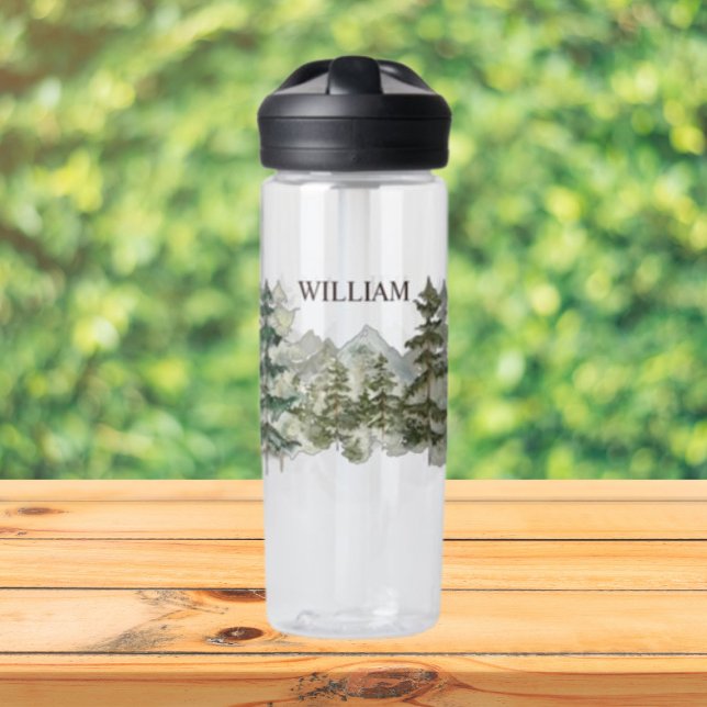 Personalised Pine Forest and mountain Nature Water Bottle (Close up outdoor)