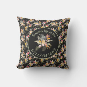 Personalised Pineapple Hibiscus Tropical Black Cushion